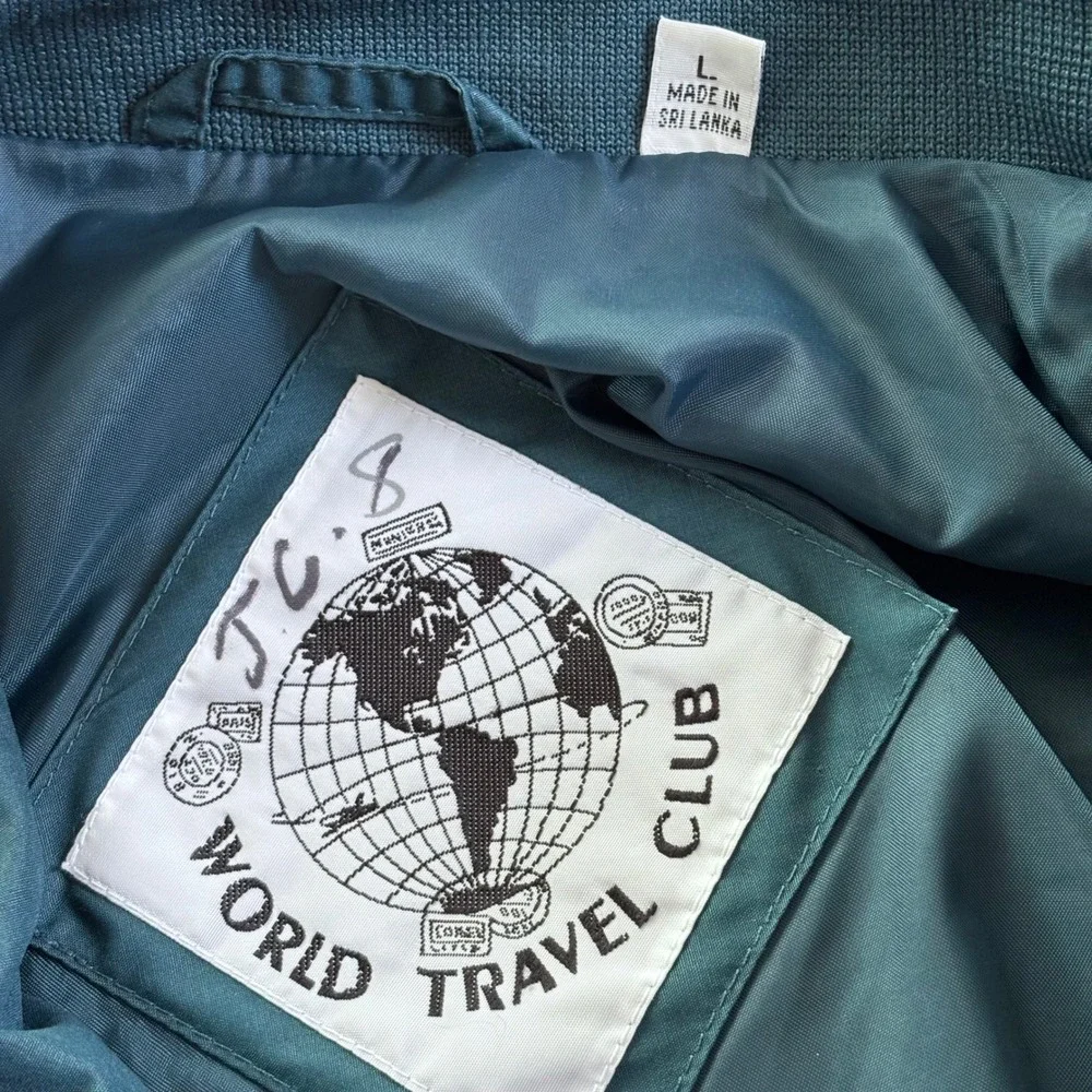 Vintage World Travel Club Jacket Windbreaker Harrington Teal Green Mens Sz L